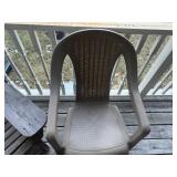 Weathered Adirondack Wood Chair & Beige Plastic Woven-Back Chair - Outdoor Patio Pair
