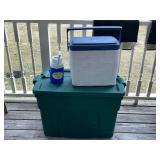 Coleman Cooler with Blue Lid, Water Jug & Green Storage Tote