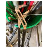 Assorted Hand Tools in Green Bucket - Clamps, Pliers, Saws & More