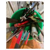 Assorted Hand Tools in Green Bucket - Clamps, Pliers, Saws & More