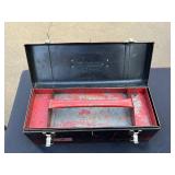 Vintage Metal Toolbox with Red Interior and Top Handle