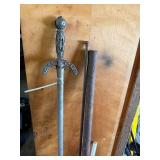 Really Cool 1970s Spain Souvenir Decorative Sword with Ornate Floral Hilt - Plus Metal Rods in Bucket