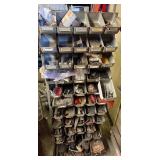 Assorted Hardware Fasteners - Screws, Nuts, Bolts & Washers in Metal Bin Rack