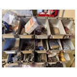 Assorted Hardware Fasteners - Screws, Nuts, Bolts & Washers in Metal Bin Rack
