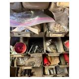 Assorted Hardware Fasteners - Screws, Nuts, Bolts & Washers in Metal Bin Rack