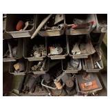 Assorted Hardware Fasteners - Screws, Nuts, Bolts & Washers in Metal Bin Rack