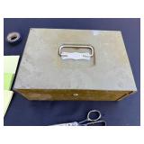 Pen in Box & Scissors, Notebook, Tape, Sticky Notes, Olive Metal Box - Vintage Office Lot