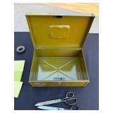 Pen in Box & Scissors, Notebook, Tape, Sticky Notes, Olive Metal Box - Vintage Office Lot