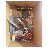Box of various tools, grinding wheel, c clamps and more