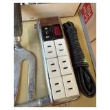 Box of various tools, grinding wheel, c clamps and more