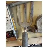 Box of various tools, grinding wheel, c clamps and more