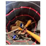 5 Gallon job site bib and various hooks and tools.