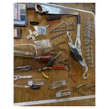 Box of tools including a come along and various hardware ect