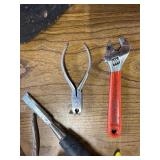 Box of tools including a come along and various hardware ect