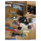 Box of fasteners, tie downs, wrenches and various.