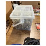 Box of fasteners, tie downs, wrenches and various.
