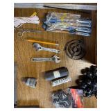 Box of fasteners, tie downs, wrenches and various.