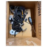 Box of fasteners, tie downs, wrenches and various.