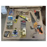 Cedar Chest + Mixed Tools & Hardware Lot – Hand Saw, Drill Brace, Glue Gun, Door Hardware & More