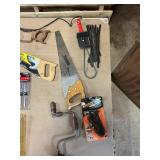 Cedar Chest + Mixed Tools & Hardware Lot – Hand Saw, Drill Brace, Glue Gun, Door Hardware & More