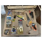 Cedar Chest + Mixed Tools & Hardware Lot – Hand Saw, Drill Brace, Glue Gun, Door Hardware & More
