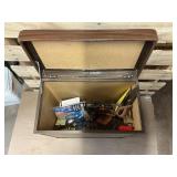 Cedar Chest + Mixed Tools & Hardware Lot – Hand Saw, Drill Brace, Glue Gun, Door Hardware & More