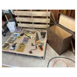 Cedar Chest + Mixed Tools & Hardware Lot – Hand Saw, Drill Brace, Glue Gun, Door Hardware & More