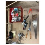 Mixed Tool Lot w/ Hand Saw, Hedge Shears, Power Tools, Clamps & Hardware Organizer