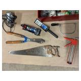 Mixed Tool Lot w/ Hand Saw, Hedge Shears, Power Tools, Clamps & Hardware Organizer
