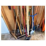 Lot of shovels, rakes garden claw