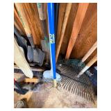 Lot of shovels, rakes garden claw
