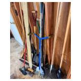 Lot of shovels, rakes garden claw