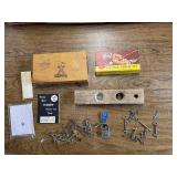 X-Acto knife set and an Ungar Electric Pencil set plus vintage level and skeleton keys