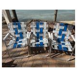 3-vintage Sunbeam webbed folding aluminum lawn chairs, featuring blue and white woven straps