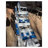 3-vintage Sunbeam webbed folding aluminum lawn chairs, featuring blue and white woven straps