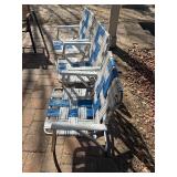 3-vintage Sunbeam webbed folding aluminum lawn chairs, featuring blue and white woven straps