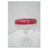 Vintage Indiana Glass Diamond Point Tall Compote. Ruby Band Crystal #0199