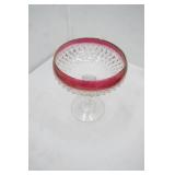 Vintage Indiana Glass Diamond Point Tall Compote. Ruby Band Crystal #0199