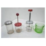 Vintage Hazel Atlas Hand Chopper, Hazel Atlas Colonial Block Green Depression Glass Open Sugar Bowl-Uranium