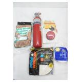 dry chemical fire extinguisher, painters rags, new paper tiger for taking off wallpaper