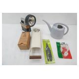 Vintage Duracell Spotlight Lantern, Can Crusher, Car Top Ladder Carrier, Pruning Shears (new), Holiday Light Hooks (new)