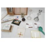 Collectibles. Crystal Glass Crucifix Candle Holders, Vintage Prints, Serenity Prayer