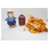 Vintage Ceramic Vase, Vintage Ceramic Sailor Boy Statue 16" tall, Golden Maple Leaf Branches (artificial)