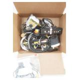 Electronics Lot: Bass Angler TV game, converter boxes, cable cords, HDMI cord, camera cords, AV cords