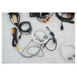 Electronics Lot: Bass Angler TV game, converter boxes, cable cords, HDMI cord, camera cords, AV cords