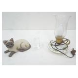 Vintage Antique-Style Electric Table Lamp; ceramic Siamese cat figurine 8"x4.5"x4.5"; etched 3D crystal cube kitten & fish bowl