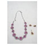 Jewelry Lot: Enameled Rose Necklace, Amethyst teardrop pendant & earring set