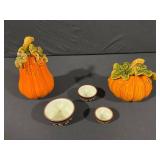 Pumpkin Ceramic Vases With Leaves & Black-Leaf Bowls Set - 5 Pieces