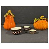 Pumpkin Ceramic Vases With Leaves & Black-Leaf Bowls Set - 5 Pieces