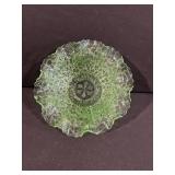 Uranium Green Glass Bowl - Textured Leaf Pattern with Scalloped Edge